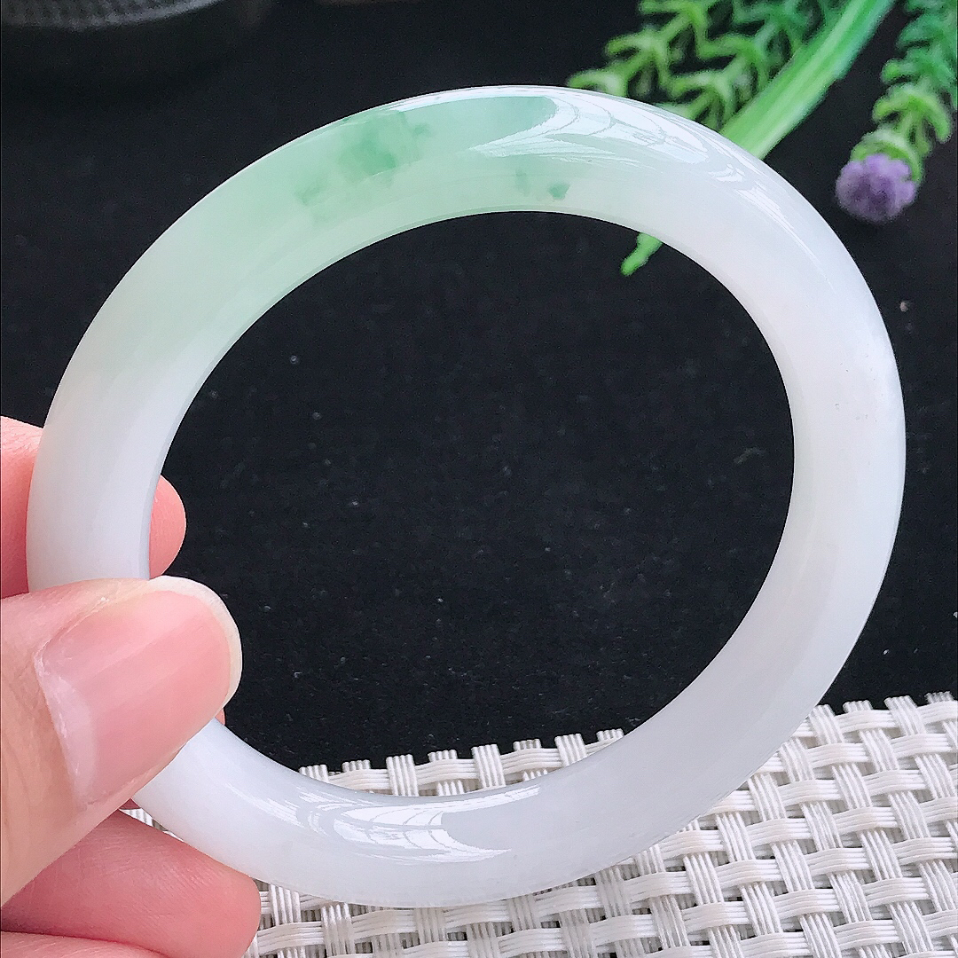 实拍A货翡翠55/9.1/9.2老坑冰润起胶冰飘花圆条手镯平安镯翡翠玉镯美人镯