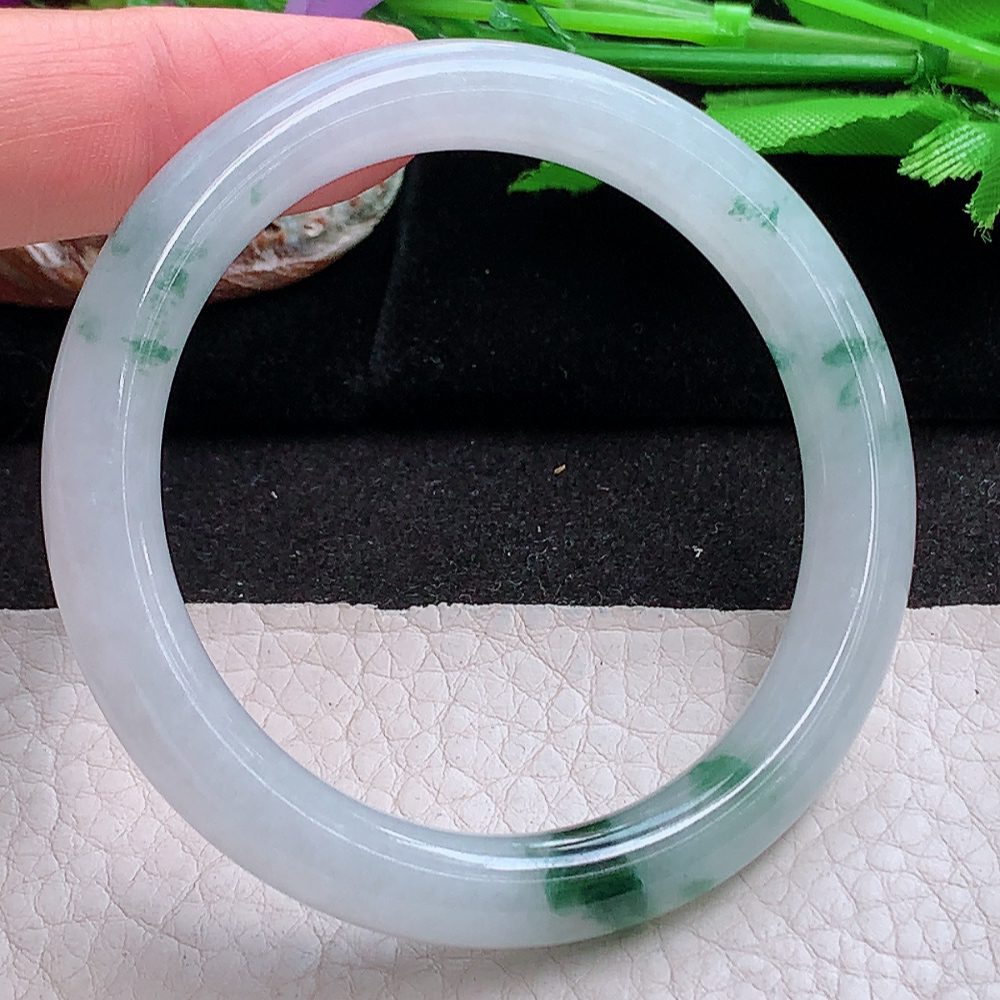 xh小圈口50.5*8.5*8.2叮当镯 缅甸翡翠a货玉手镯 冰飘花圆条玉手环 美人镯