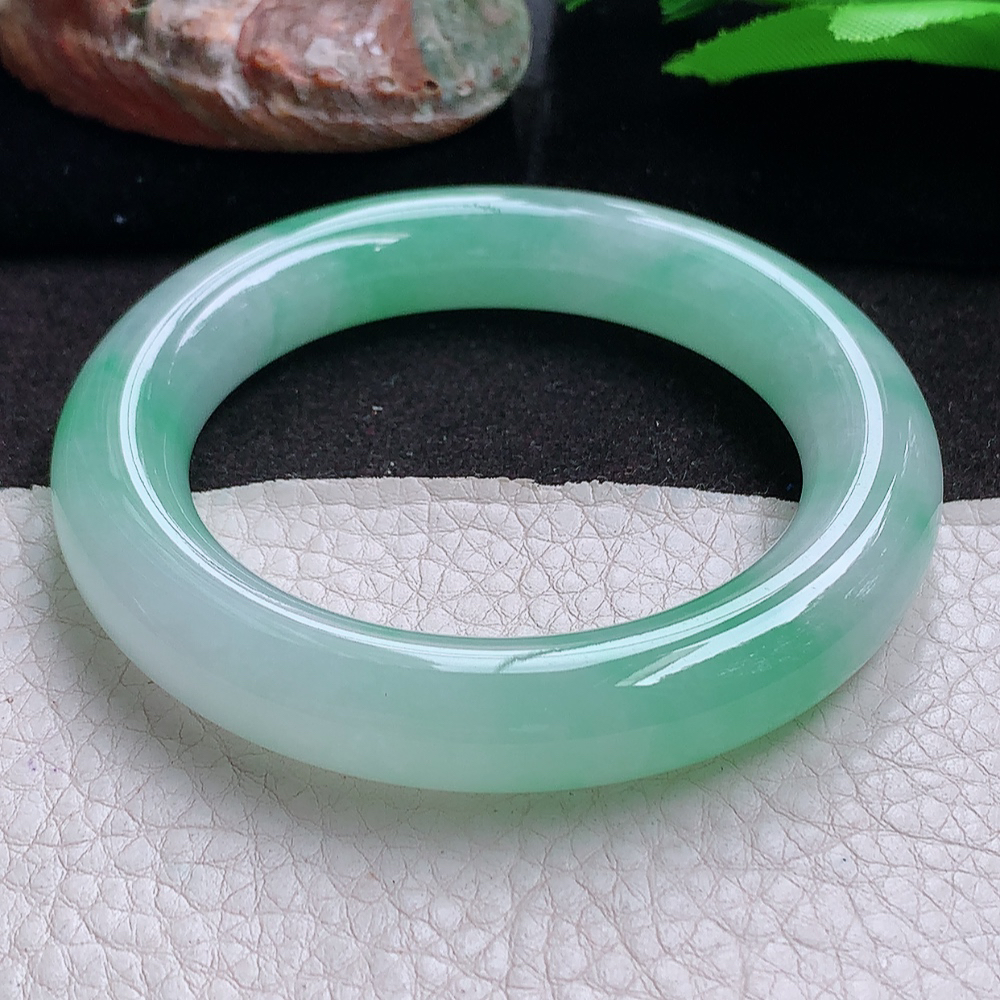yh收藏级54*11.8胖圆镯 缅甸翡翠a货玉手镯 冰飘绿花圆条玉手环