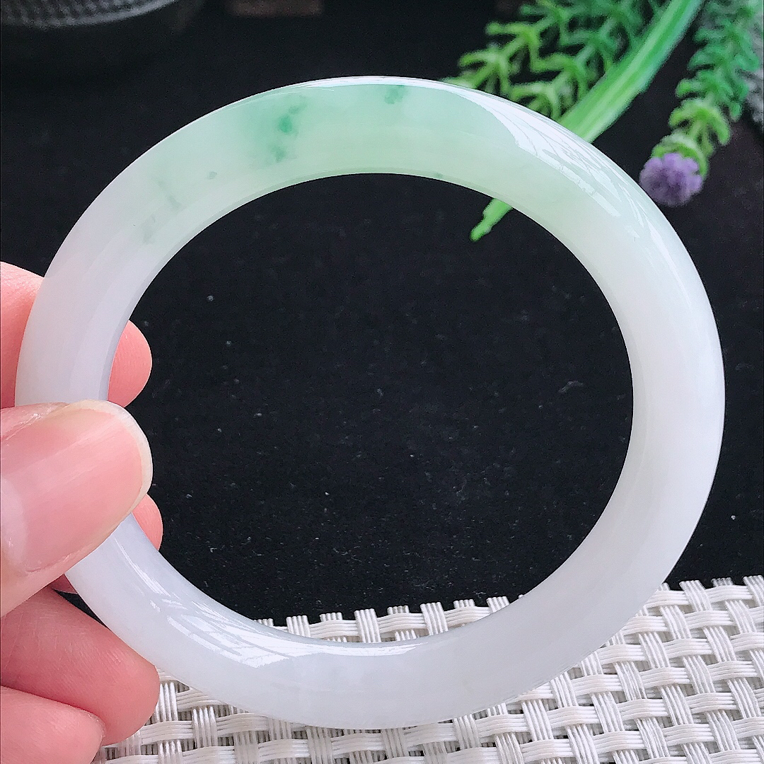实拍A货翡翠55/9.1/9.2老坑冰润起胶冰飘花圆条手镯平安镯翡翠玉镯美人镯
