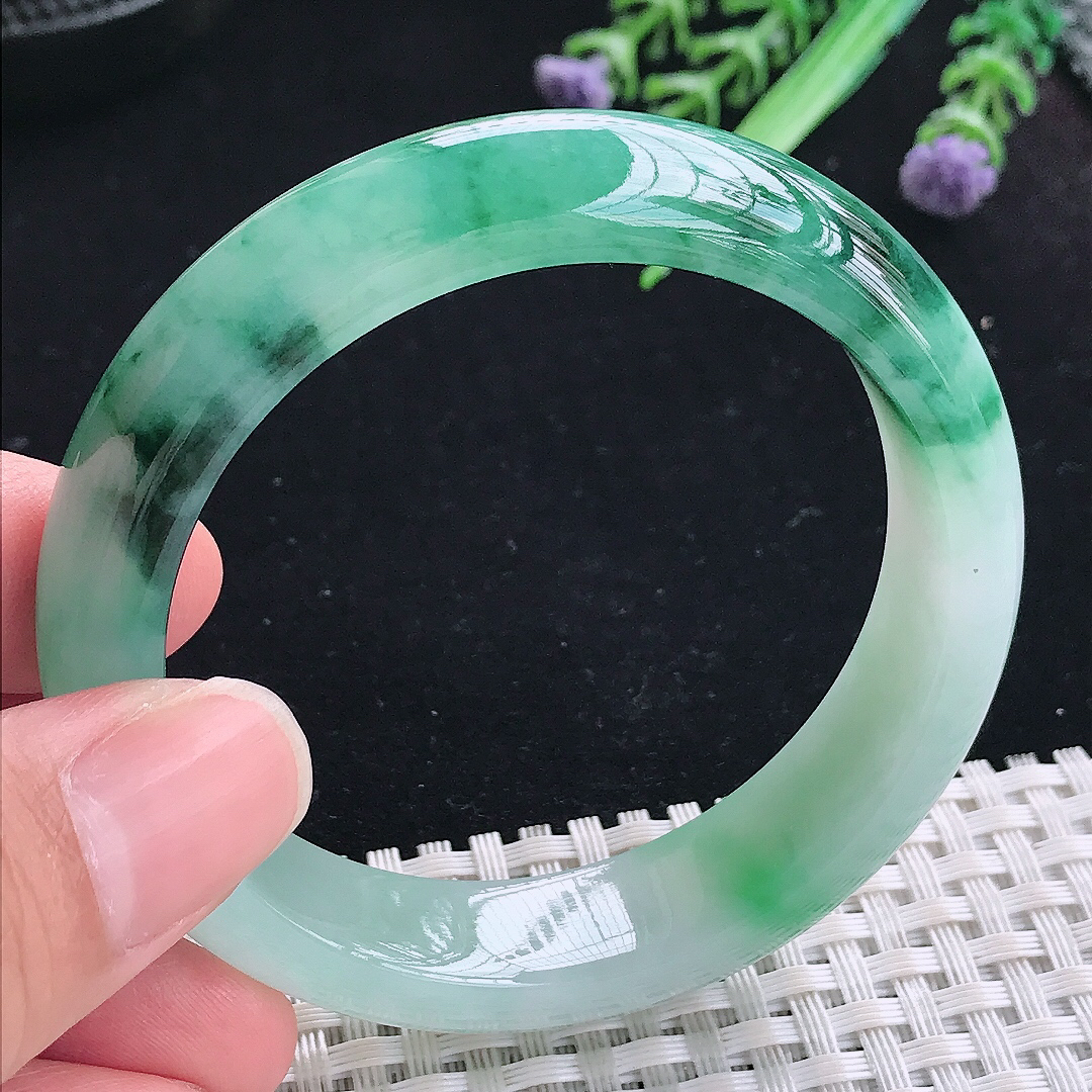 实拍A货翡翠53.5/13.5/8老坑冰胶飘花宽边手镯平安镯翡翠玉镯