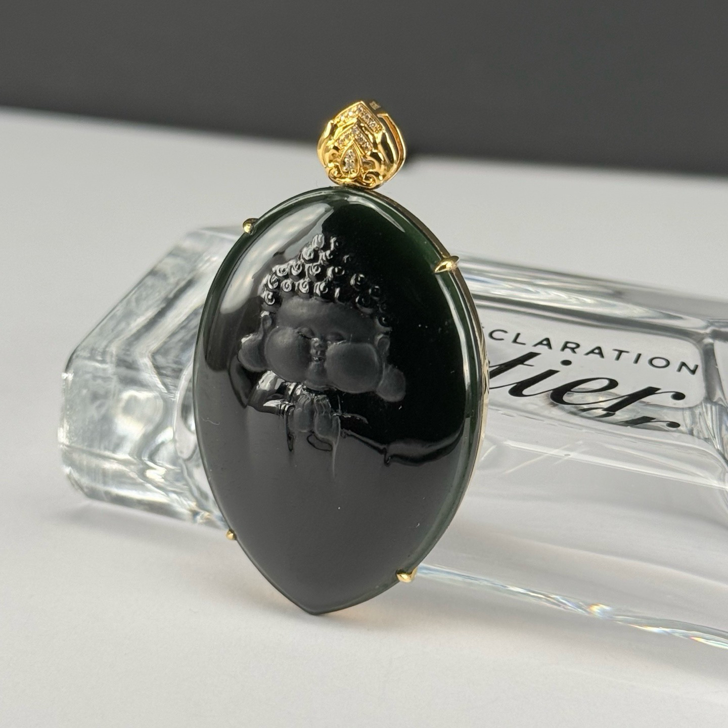 精品18k墨翠宝宝佛 种好色正 黑度极好 打灯通透 油性十足  尺寸53.4