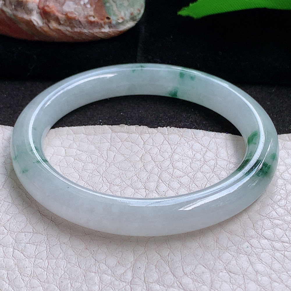 xh小圈口50.5*8.5*8.2叮当镯 缅甸翡翠a货玉手镯 冰飘花圆条玉手环 美人镯