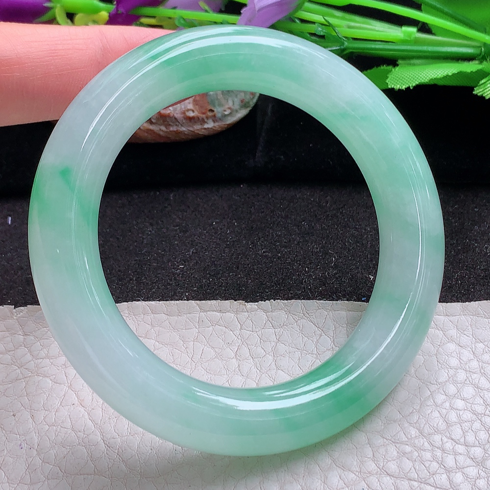 yh收藏级54*11.8胖圆镯 缅甸翡翠a货玉手镯 冰飘绿花圆条玉手环