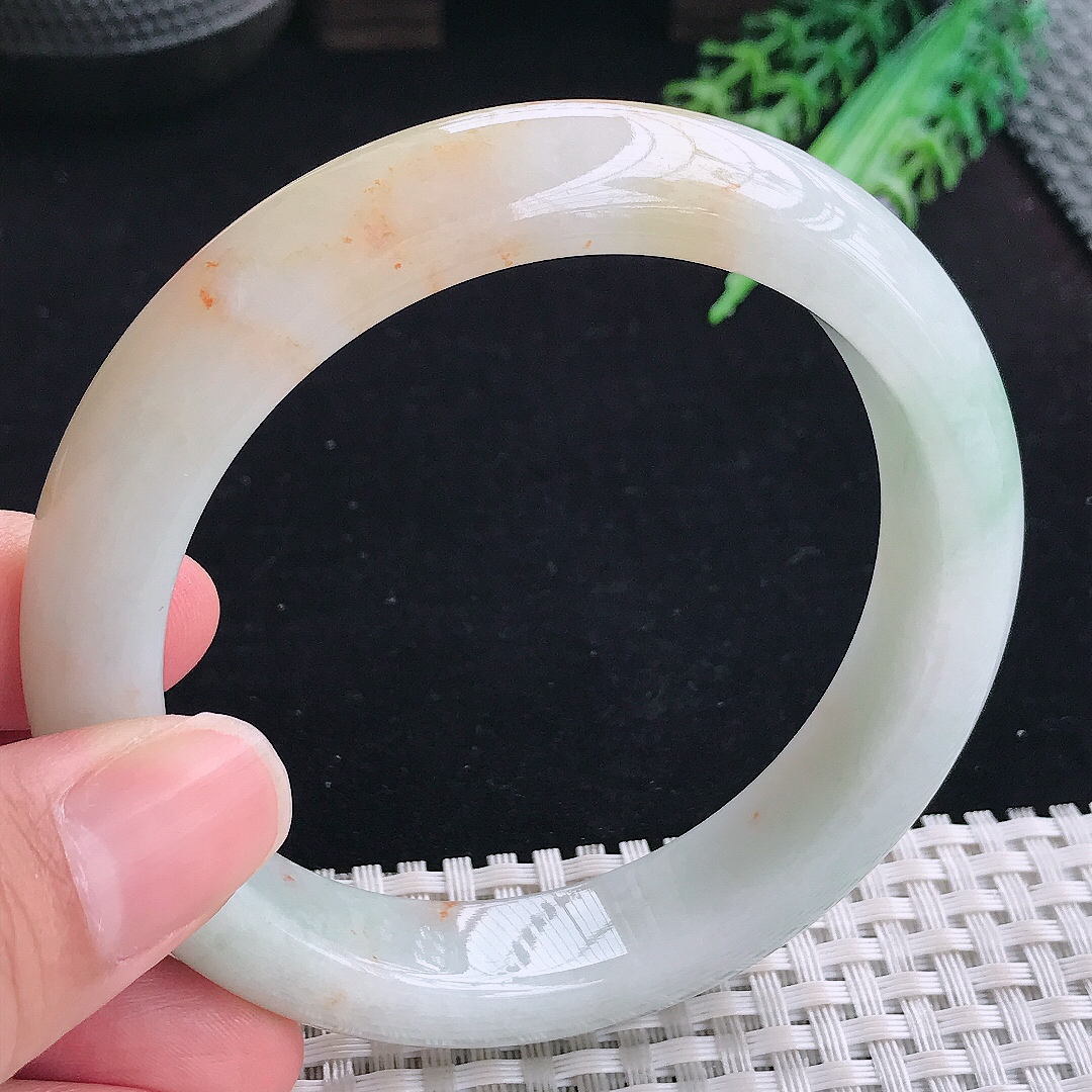 实拍A货翡翠60.5/13.2/9.2大圈口老坑精美洒金黄翡手镯平安镯翡翠玉镯
