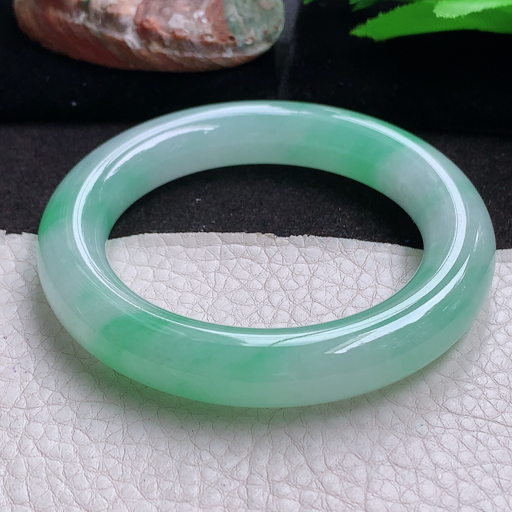 yh收藏级54*11.8胖圆镯 缅甸翡翠a货玉手镯 冰飘绿花圆条玉手环