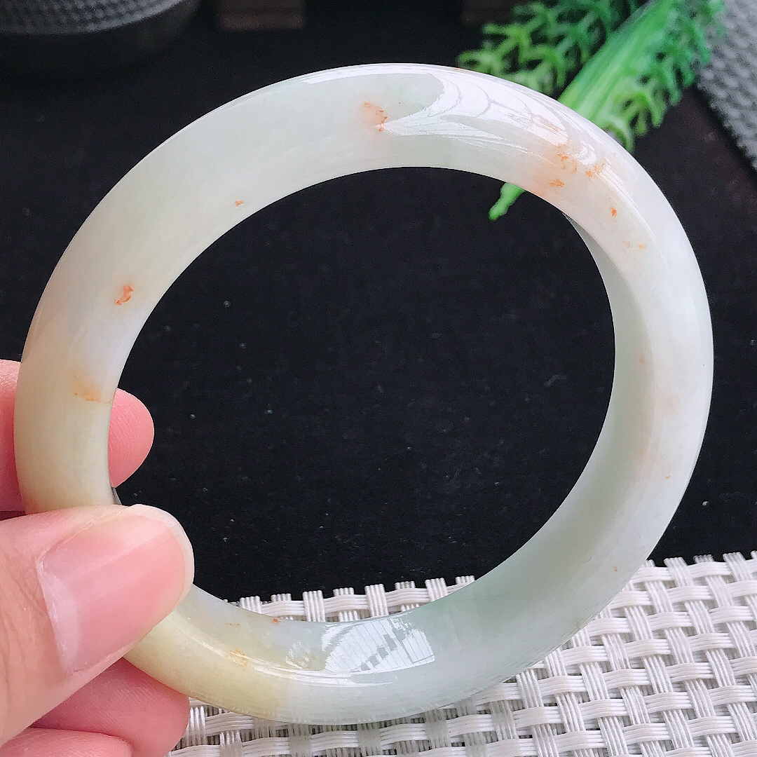 实拍A货翡翠60.5/13.2/9.2大圈口老坑精美洒金黄翡手镯平安镯翡翠玉镯