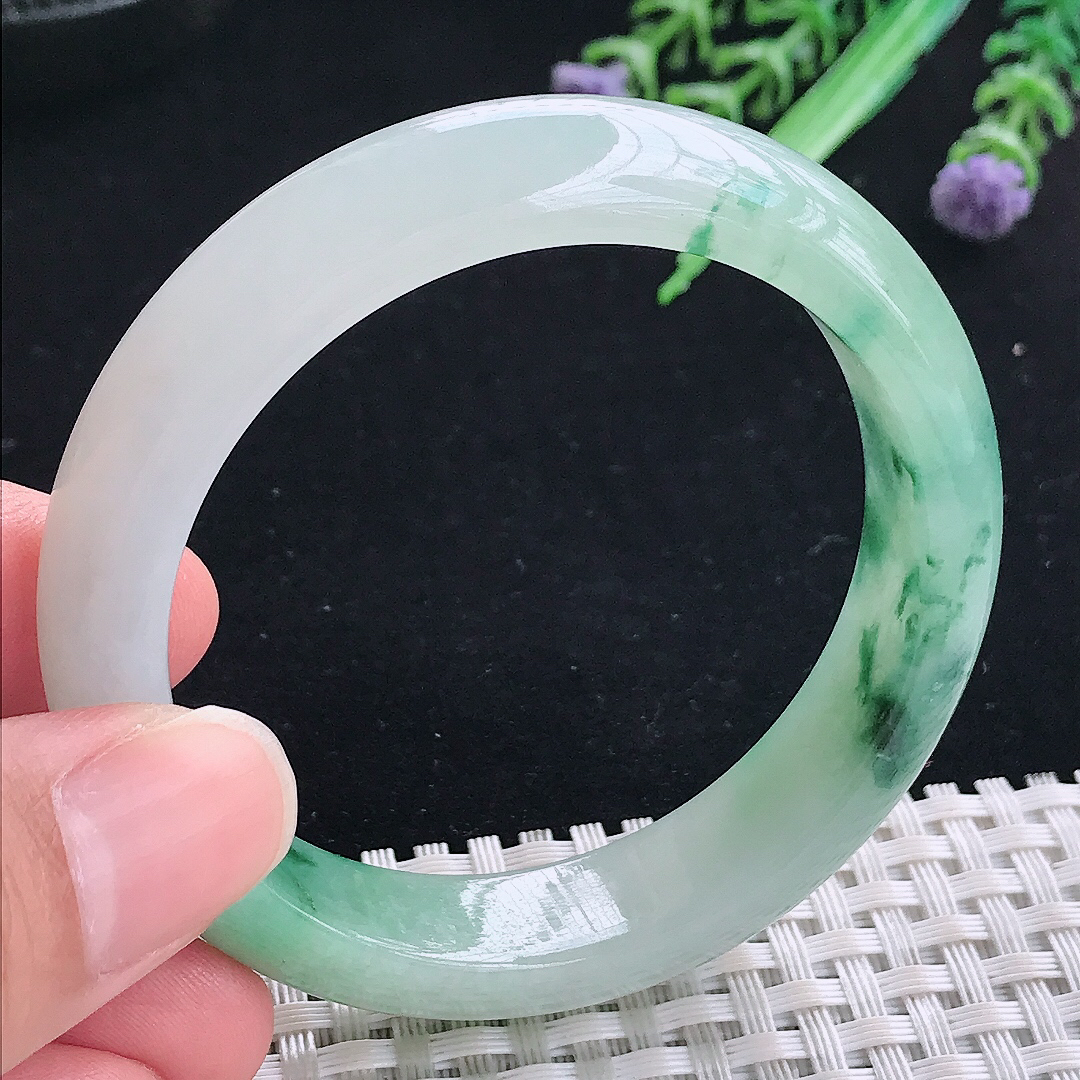 实拍A货翡翠51.5/12.6/7.6小圈口老坑冰润飘花手镯平安镯翡翠玉镯美人镯
