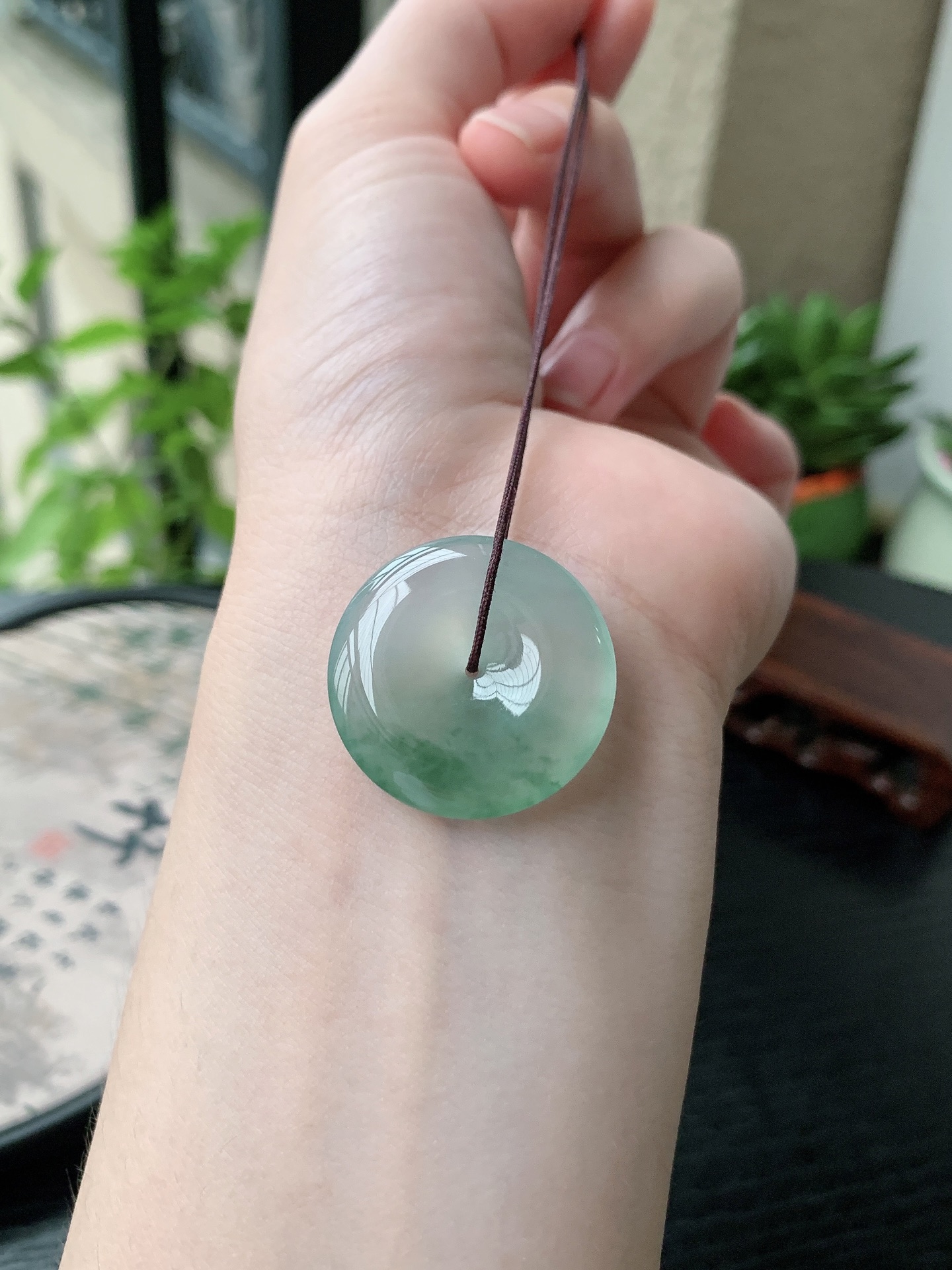 老坑冰种胶感飘蓝花平安扣吊坠 裸石尺寸:26.5-4.7mm