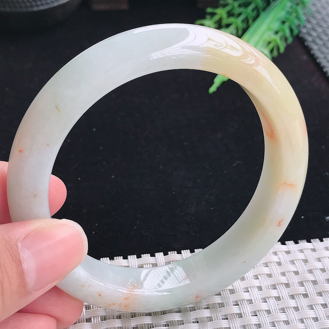 实拍A货翡翠60.5/13.2/9.2大圈口老坑精美洒金黄翡手镯平安镯翡翠玉镯