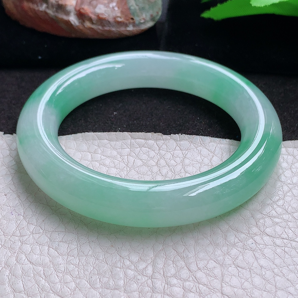 yh收藏级54*11.8胖圆镯 缅甸翡翠a货玉手镯 冰飘绿花圆条玉手环