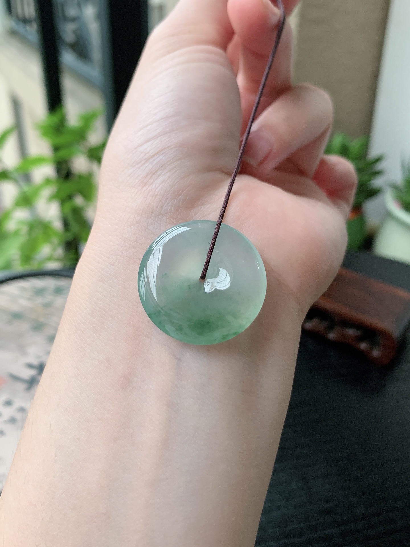 老坑冰种胶感飘蓝花平安扣吊坠 裸石尺寸:26.5-4.7mm