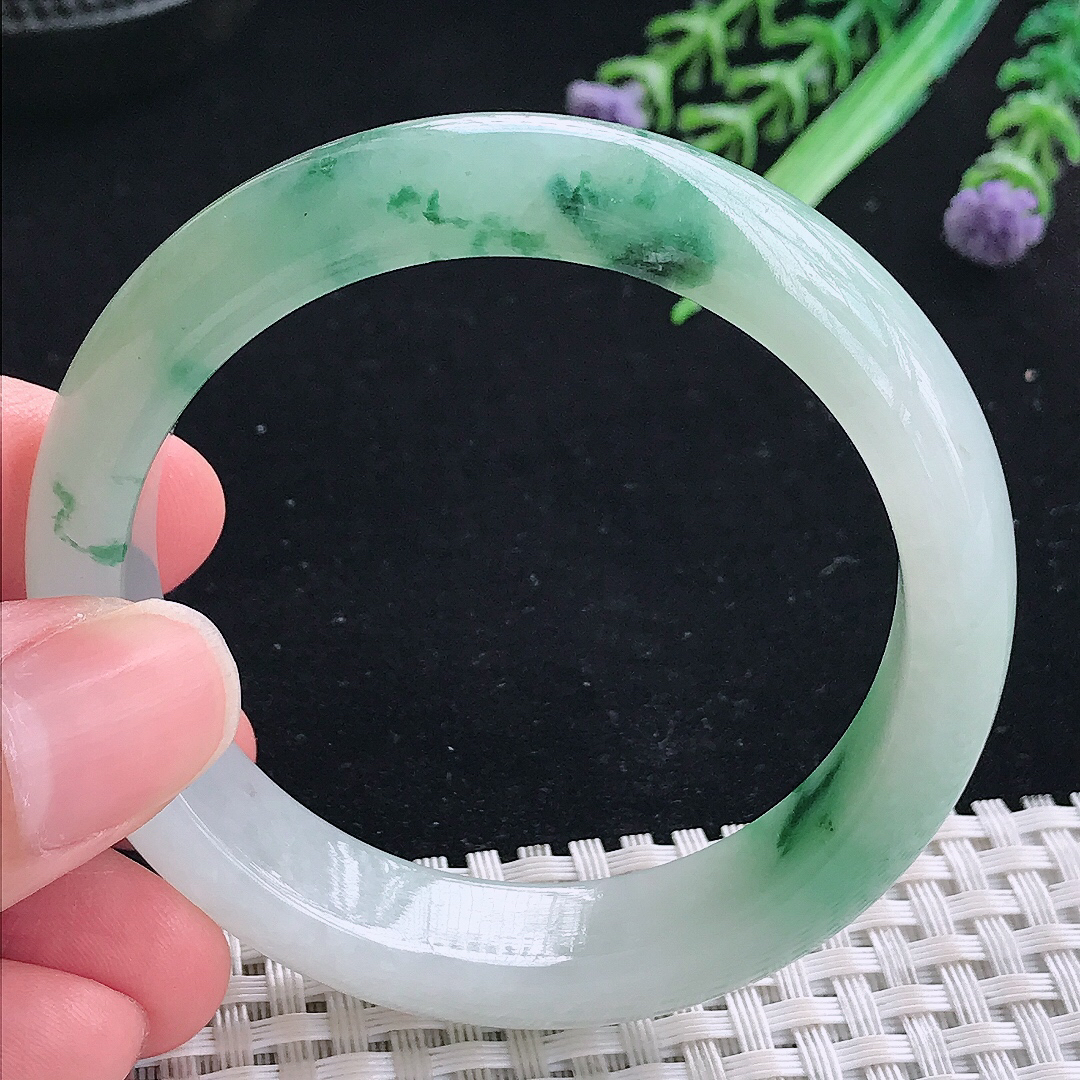 实拍A货翡翠51.5/12.6/7.6小圈口老坑冰润飘花手镯平安镯翡翠玉镯美人镯