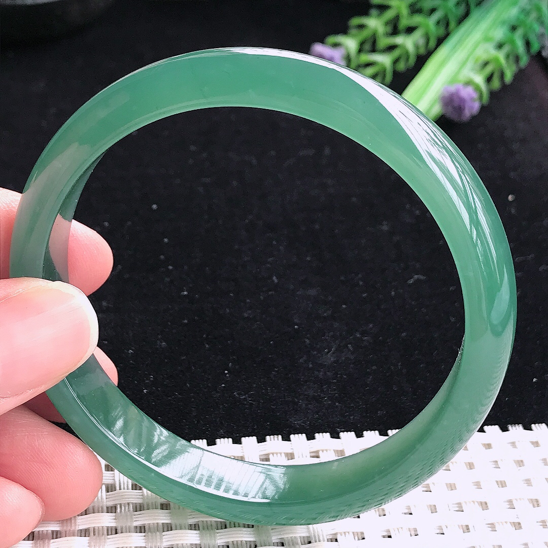 实拍A货翡翠59.5/11.2/6.5老坑冰润起胶满色蓝韵手镯平安镯翡翠玉镯美人镯