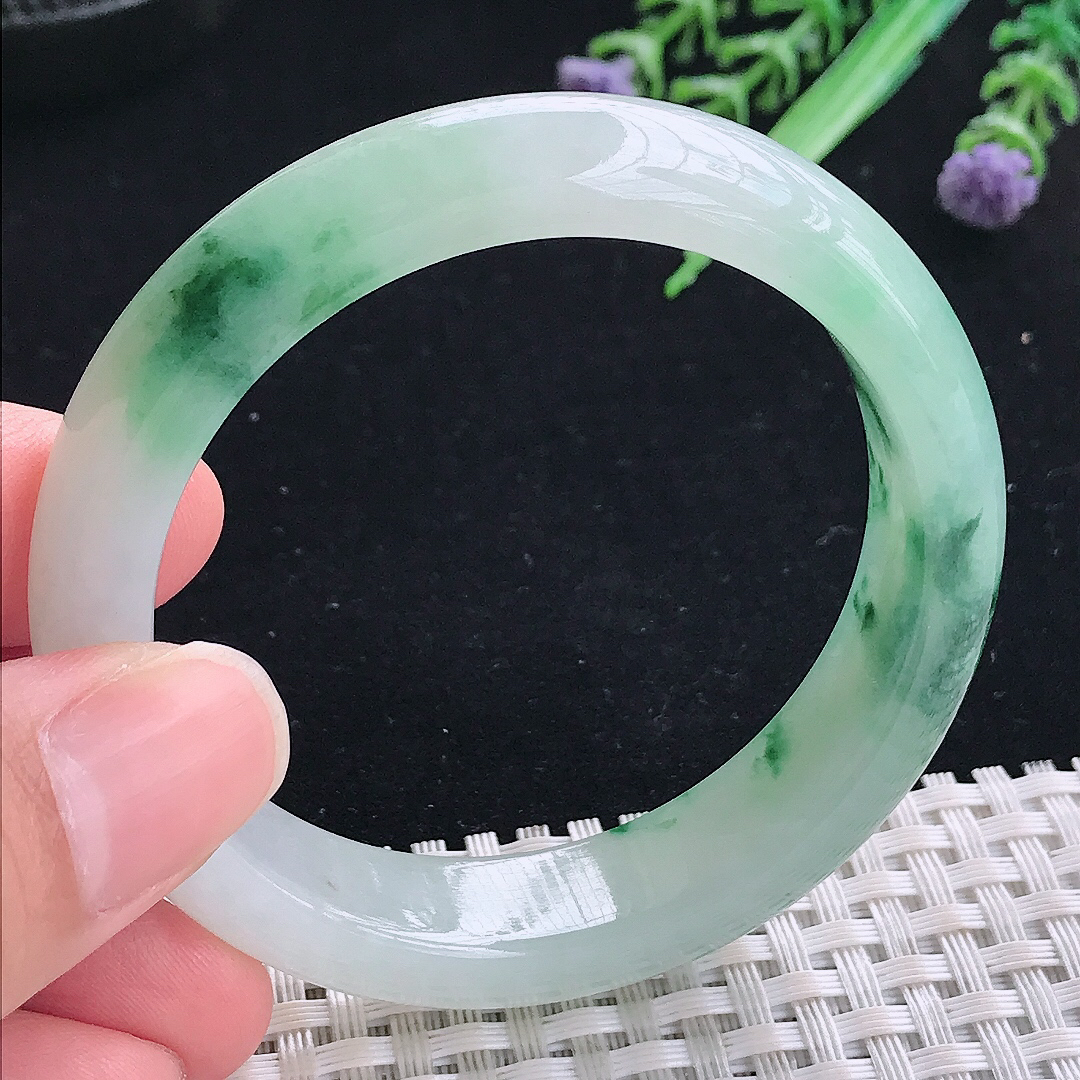 实拍A货翡翠51.5/12.6/7.6小圈口老坑冰润飘花手镯平安镯翡翠玉镯美人镯