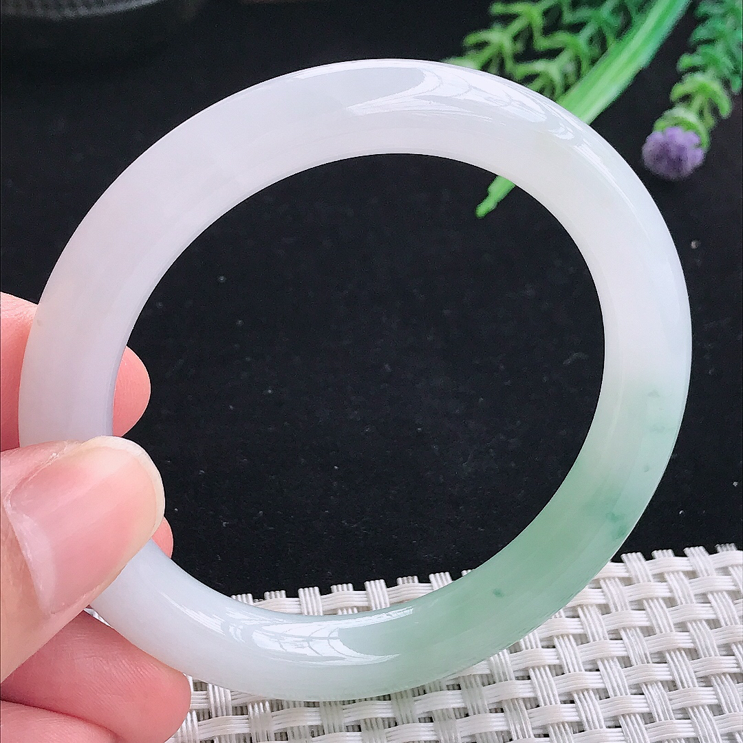 实拍A货翡翠55/9.1/9.2老坑冰润起胶冰飘花圆条手镯平安镯翡翠玉镯美人镯