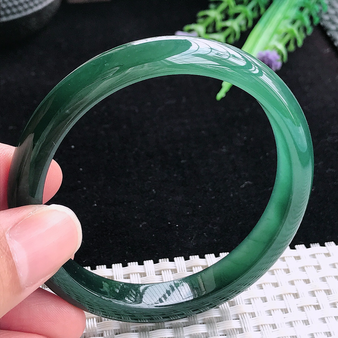 实拍A货翡翠56.5/9.9/7老坑冰润满色油绿手镯平安镯翡翠玉镯美人镯