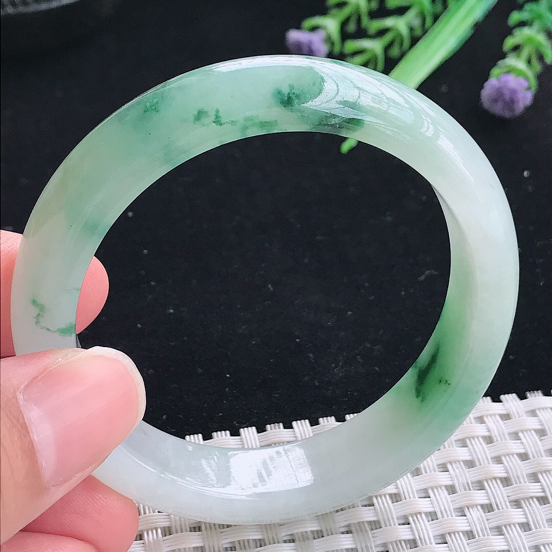 实拍A货翡翠51.5/12.6/7.6小圈口老坑冰润飘花手镯平安镯翡翠玉镯美人镯