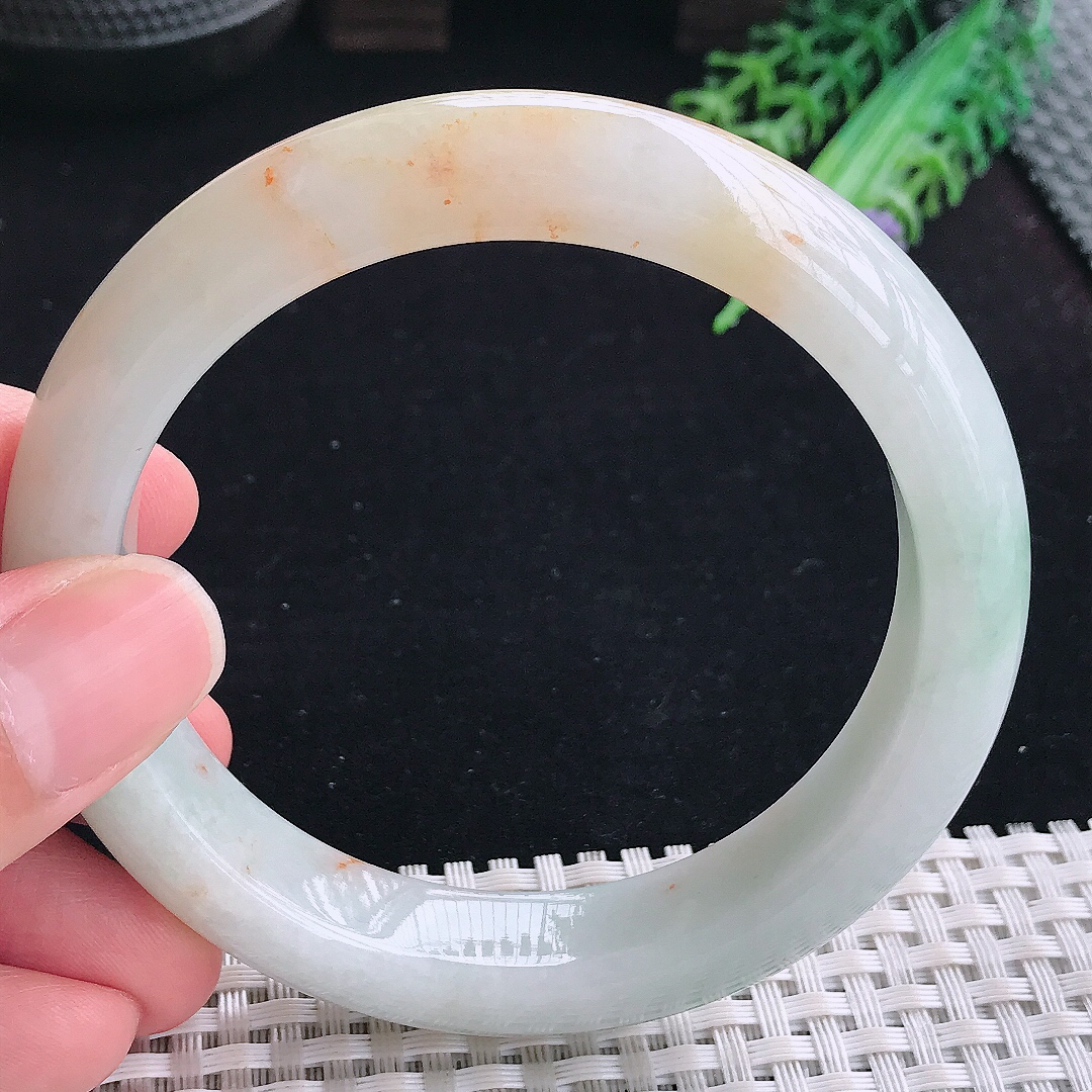 实拍A货翡翠60.5/13.2/9.2大圈口老坑精美洒金黄翡手镯平安镯翡翠玉镯