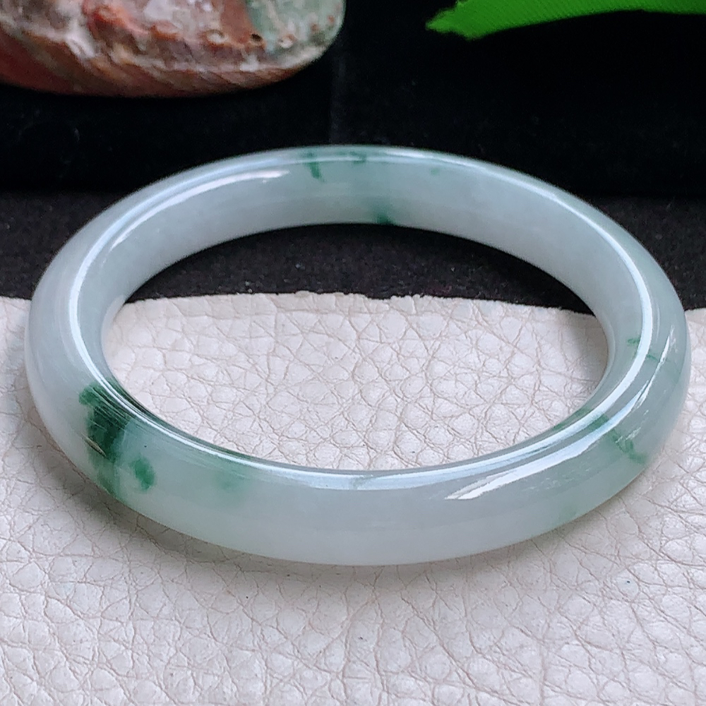 xh小圈口50.5*8.5*8.2叮当镯 缅甸翡翠a货玉手镯 冰飘花圆条玉手环 美人镯