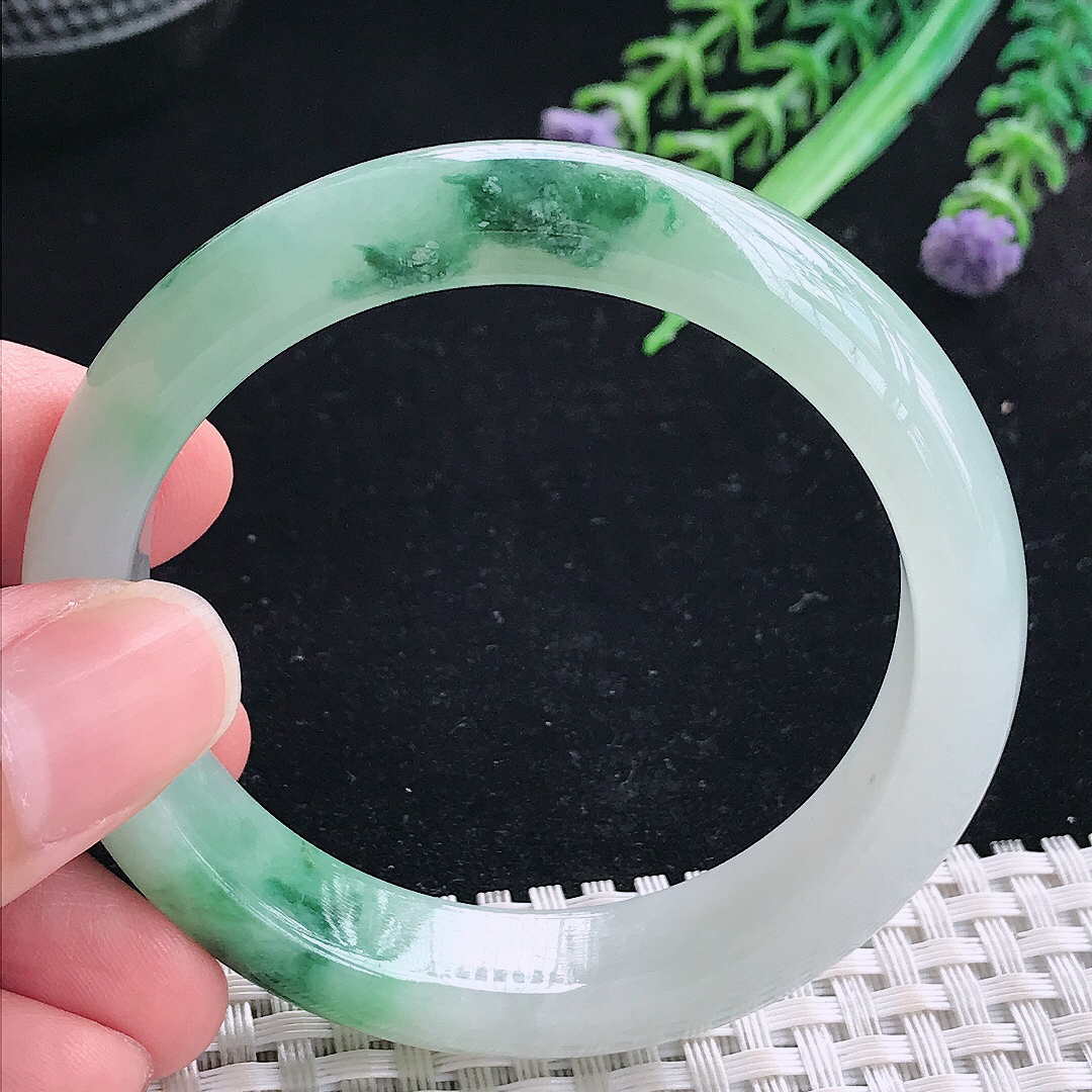 实拍A货翡翠51.5/12.6/7.6小圈口老坑冰润飘花手镯平安镯翡翠玉镯美人镯