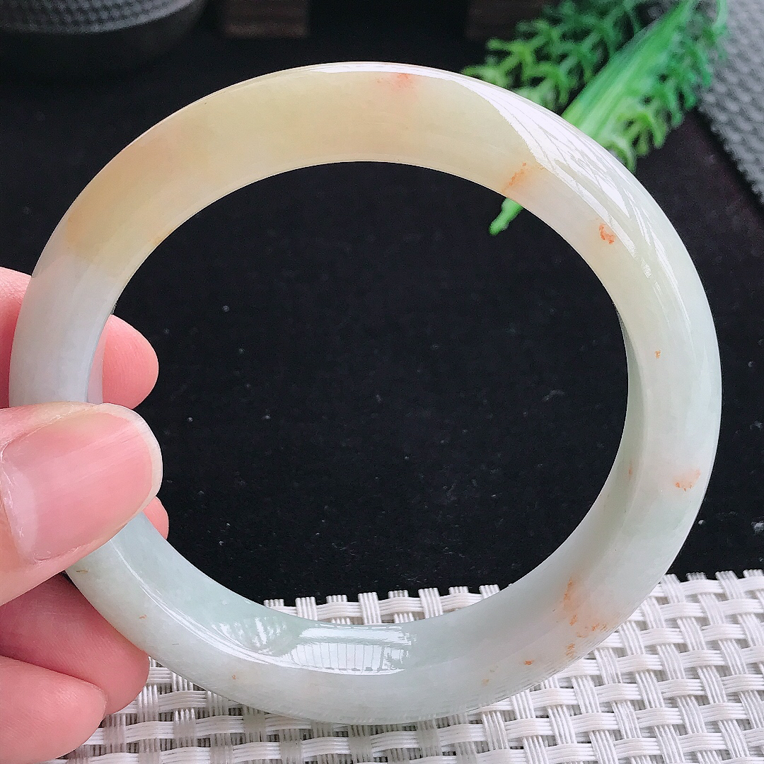 实拍A货翡翠60.5/13.2/9.2大圈口老坑精美洒金黄翡手镯平安镯翡翠玉镯