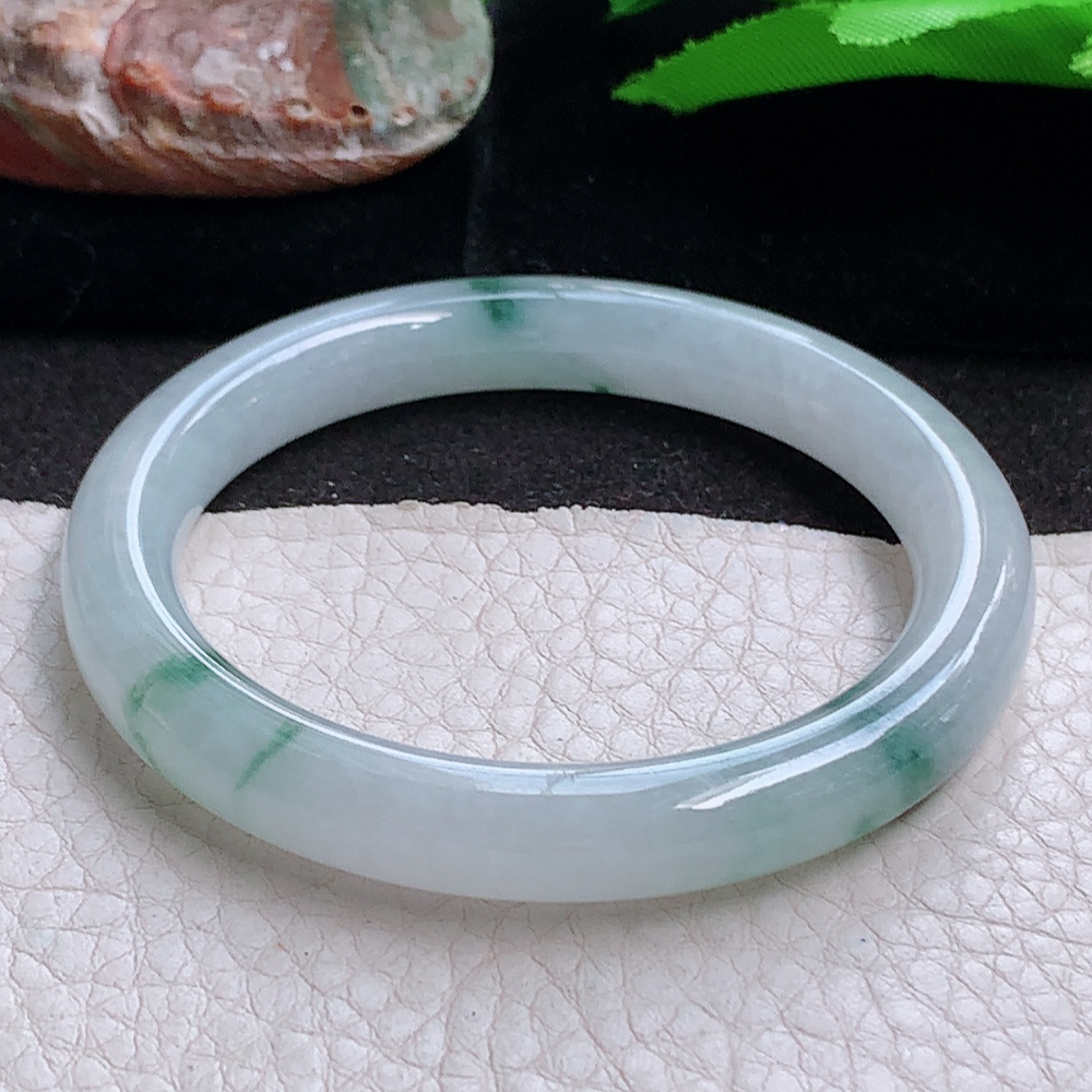 xh小圈口50.5*8.5*8.2叮当镯 缅甸翡翠a货玉手镯 冰飘花圆条玉手环 美人镯