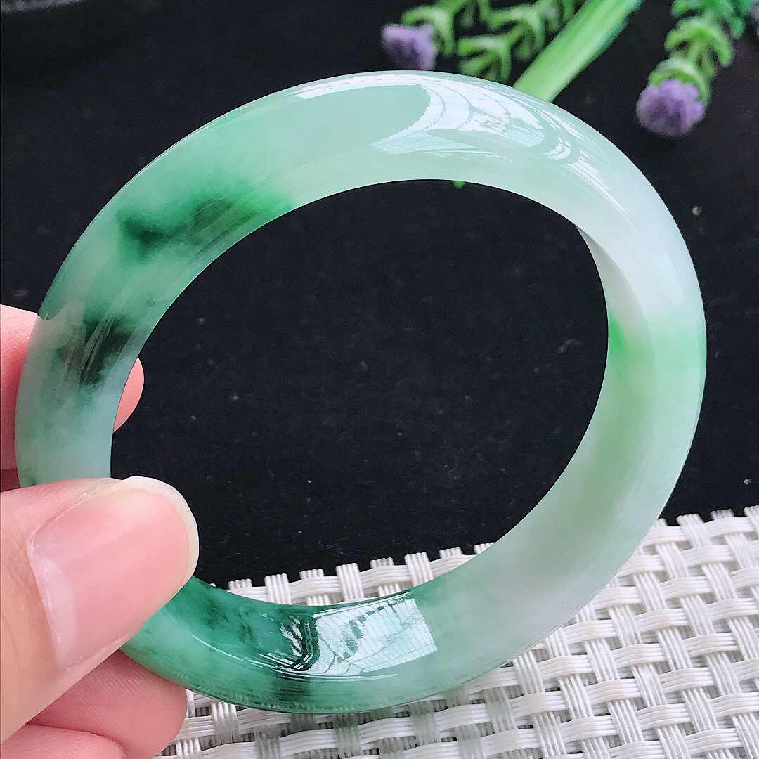 实拍A货翡翠53.5/13.5/8老坑冰胶飘花宽边手镯平安镯翡翠玉镯
