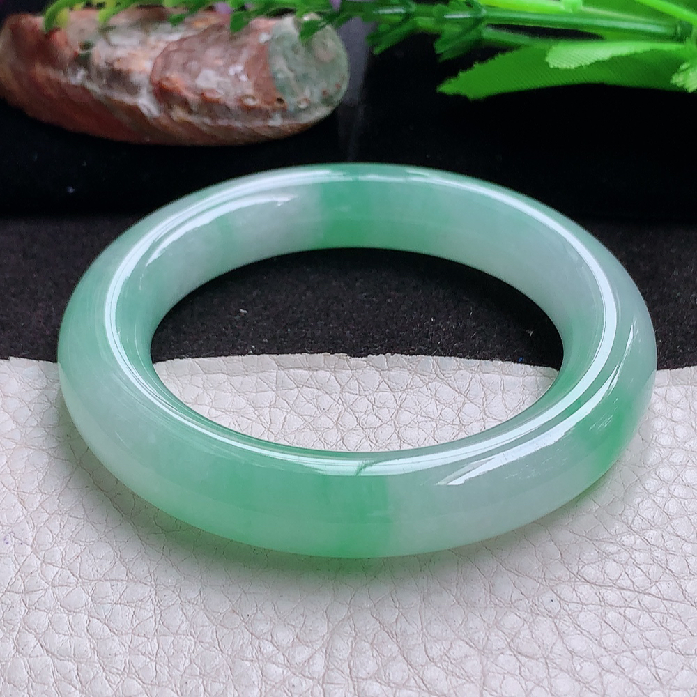 yh收藏级54*11.8胖圆镯 缅甸翡翠a货玉手镯 冰飘绿花圆条玉手环
