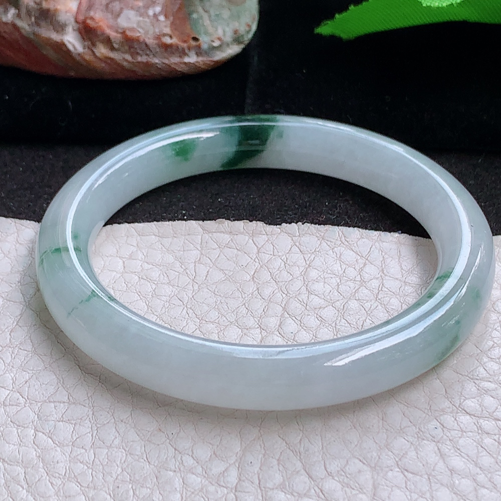 xh小圈口50.5*8.5*8.2叮当镯 缅甸翡翠a货玉手镯 冰飘花圆条玉手环 美人镯