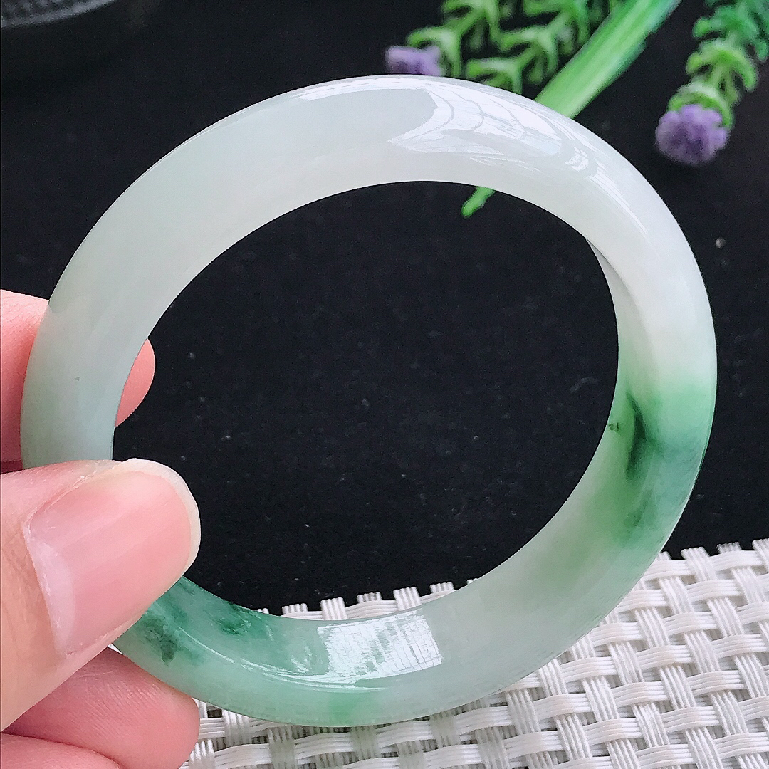 实拍A货翡翠51.5/12.6/7.6小圈口老坑冰润飘花手镯平安镯翡翠玉镯美人镯