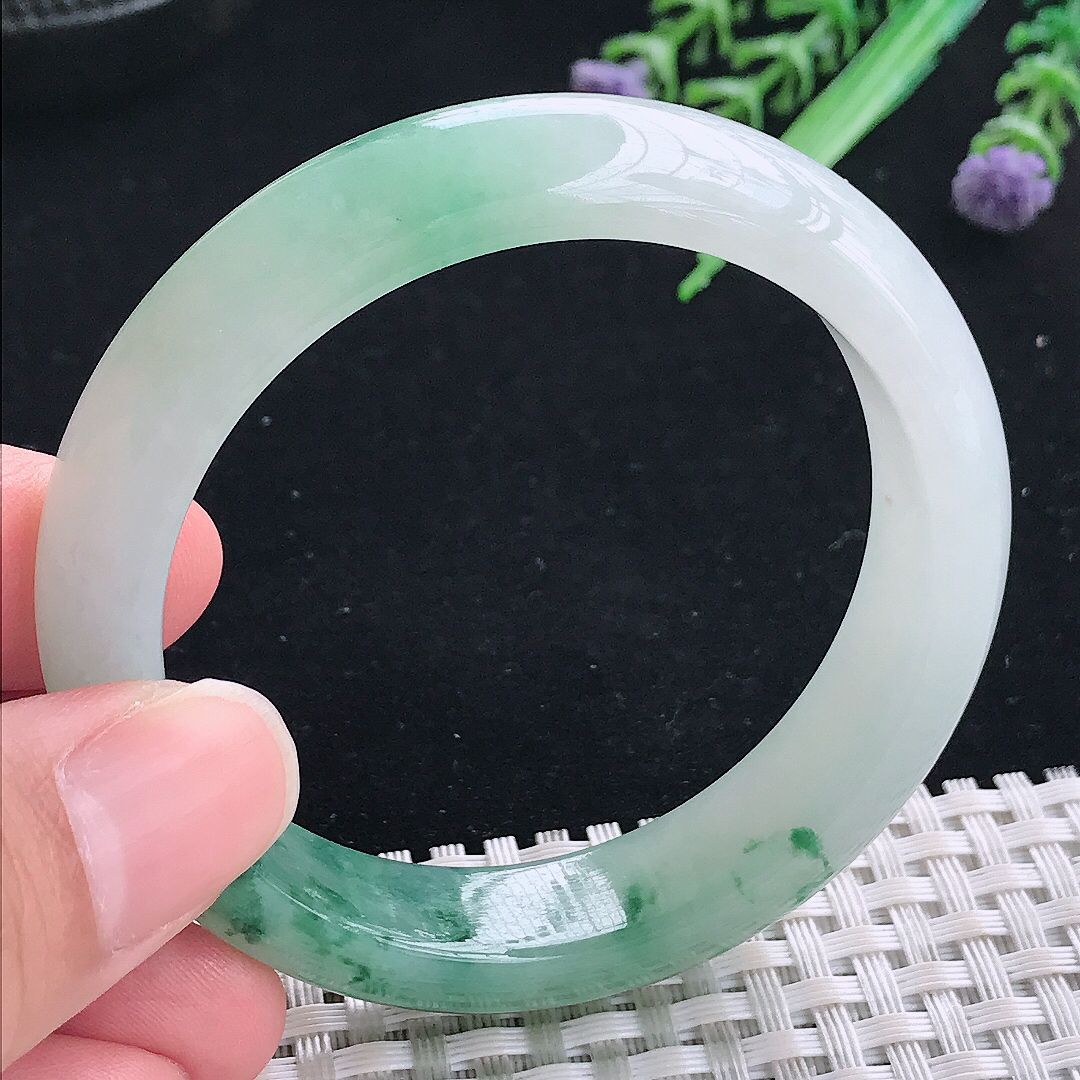 实拍A货翡翠51.5/12.6/7.6小圈口老坑冰润飘花手镯平安镯翡翠玉镯美人镯