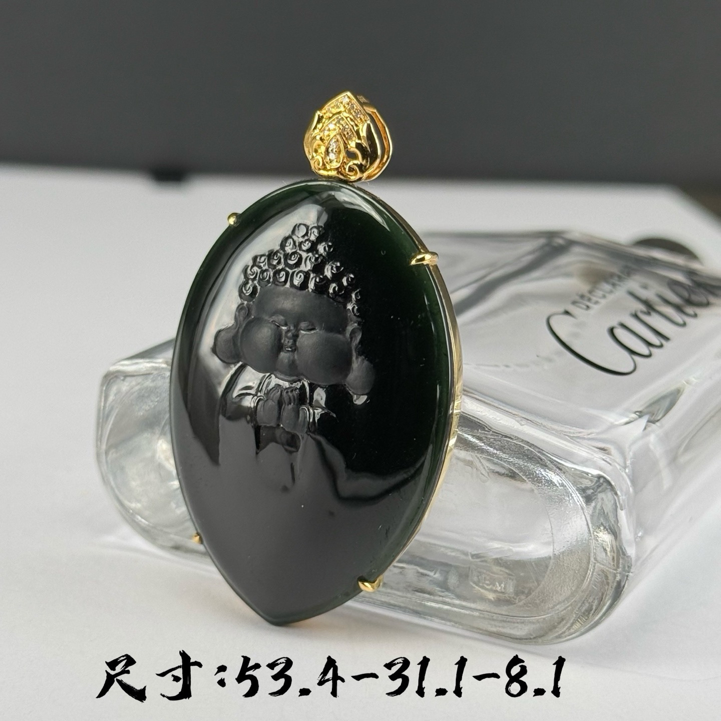 精品18k墨翠宝宝佛 种好色正 黑度极好 打灯通透 油性十足  尺寸53.4