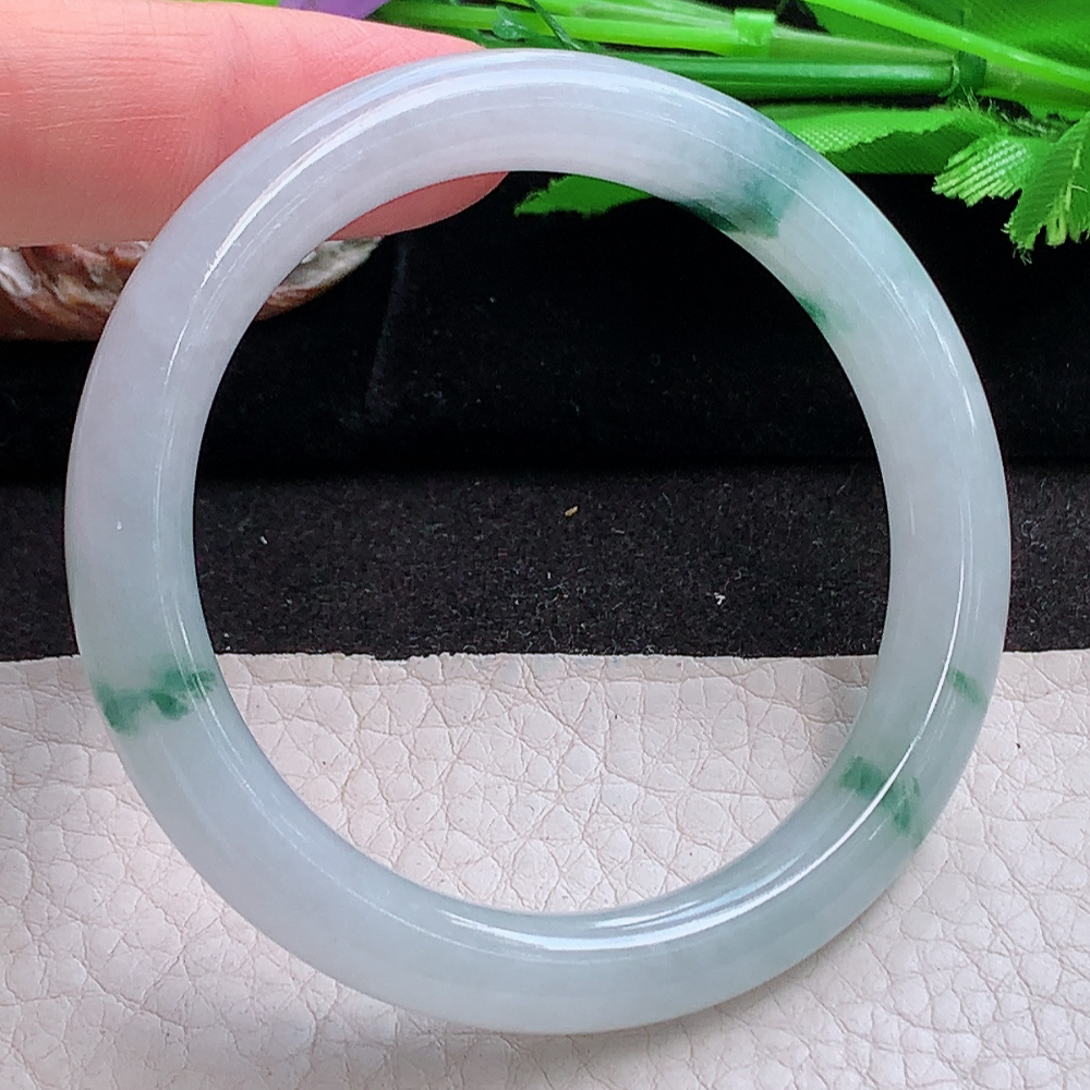 xh小圈口50.5*8.5*8.2叮当镯 缅甸翡翠a货玉手镯 冰飘花圆条玉手环 美人镯