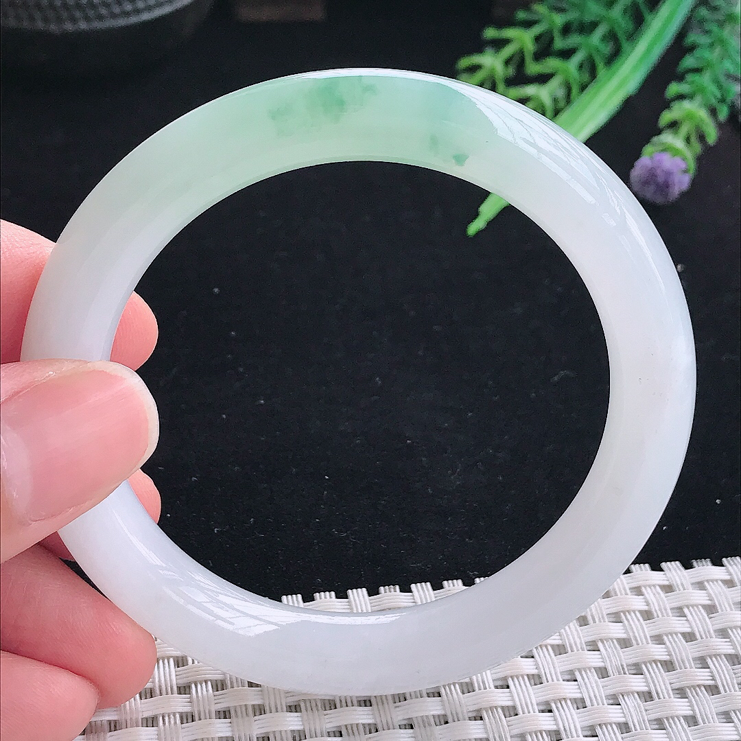 实拍A货翡翠55/9.1/9.2老坑冰润起胶冰飘花圆条手镯平安镯翡翠玉镯美人镯