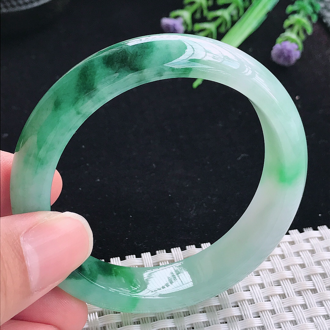 实拍A货翡翠53.5/13.5/8老坑冰胶飘花宽边手镯平安镯翡翠玉镯