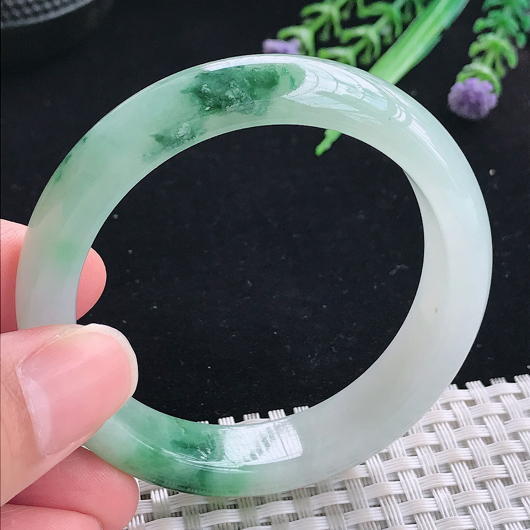 实拍A货翡翠51.5/12.6/7.6小圈口老坑冰润飘花手镯平安镯翡翠玉镯美人镯