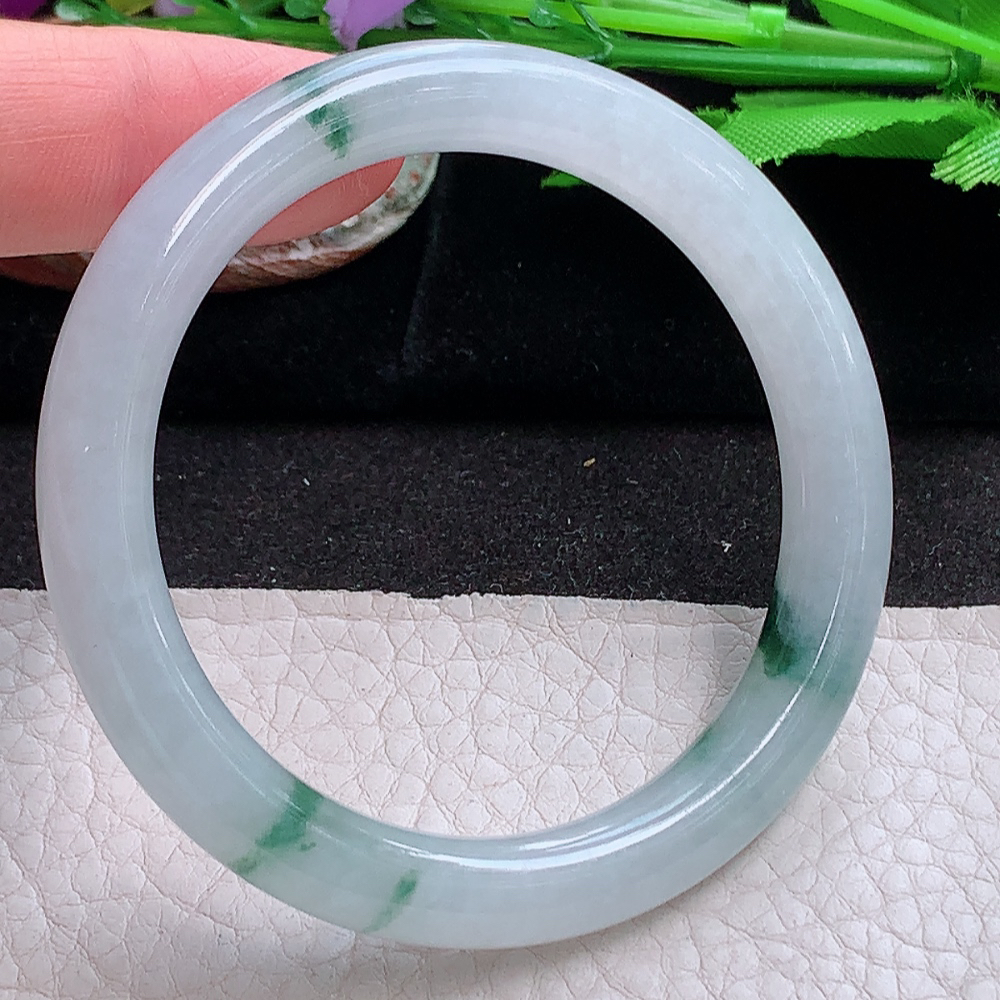 xh小圈口50.5*8.5*8.2叮当镯 缅甸翡翠a货玉手镯 冰飘花圆条玉手环 美人镯