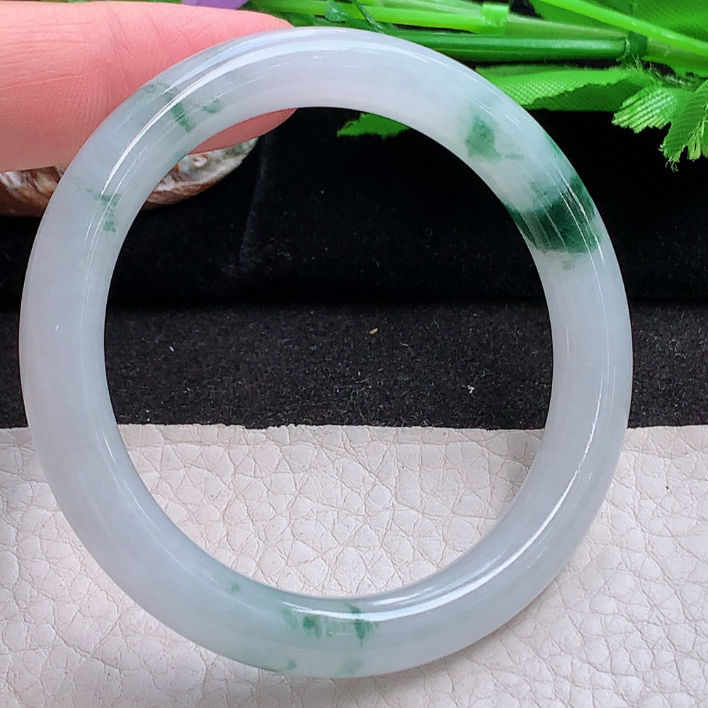 xh小圈口50.5*8.5*8.2叮当镯 缅甸翡翠a货玉手镯 冰飘花圆条玉手环 美人镯