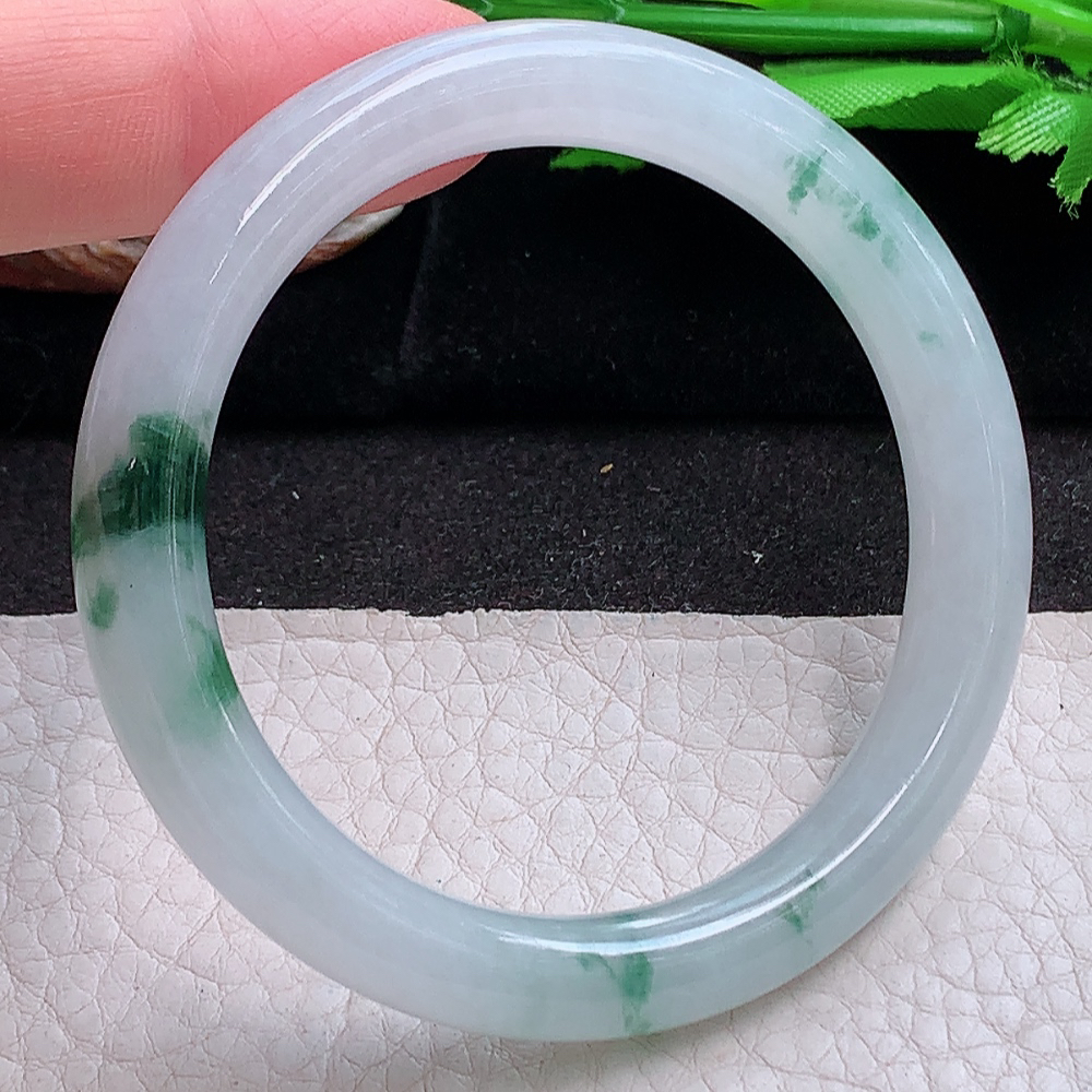xh小圈口50.5*8.5*8.2叮当镯 缅甸翡翠a货玉手镯 冰飘花圆条玉手环 美人镯