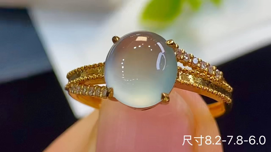 18k金+钻玻璃种蛋面戒指，无暇，8.2-7.8-6.0