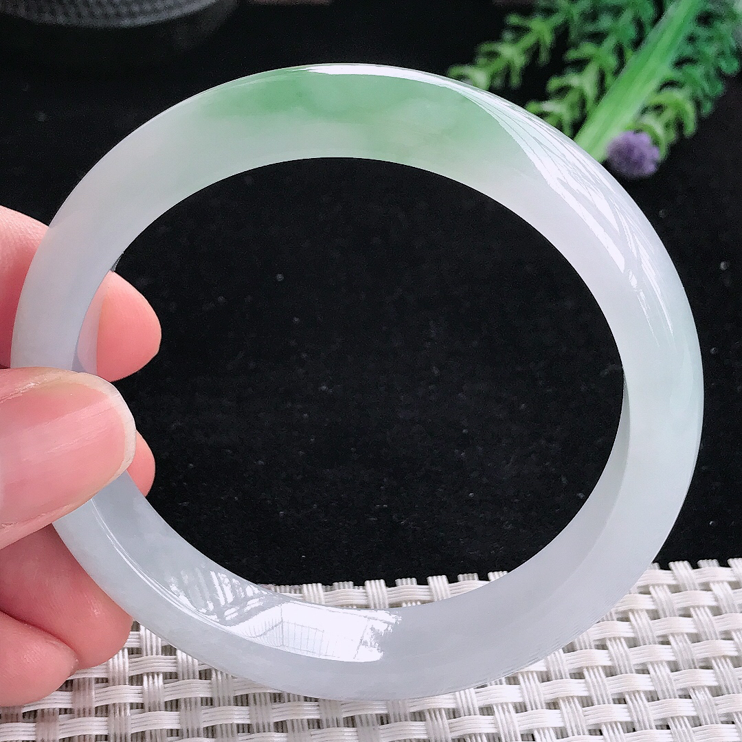 实拍A货翡翠60/13/8.3老坑冰胶飘花大圈口手镯平安镯翡翠玉镯美人镯