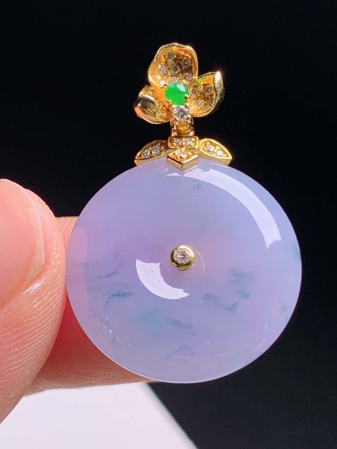 ️ 冰飘蓝花平安扣吊坠，柔紫底色飘飘逸蓝花，金镶莲花正阳绿扣头，诗意雅致圆融有福，小众耐看百搭