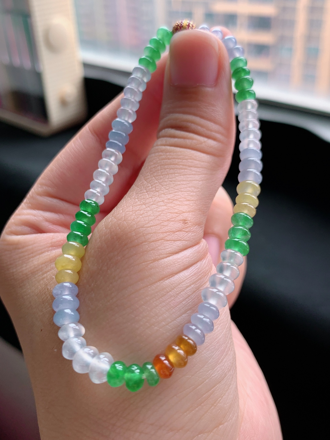 三彩算盘珠手串，紫绿黄三色冰透，玲珑小巧清爽百搭 自然光拍摄 310613