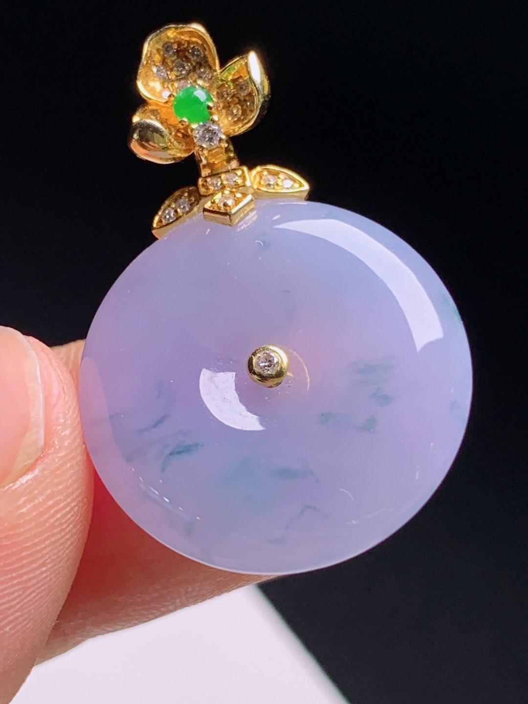 ️ 冰飘蓝花平安扣吊坠，柔紫底色飘飘逸蓝花，金镶莲花正阳绿扣头，诗意雅致圆融有福，小众耐看百搭