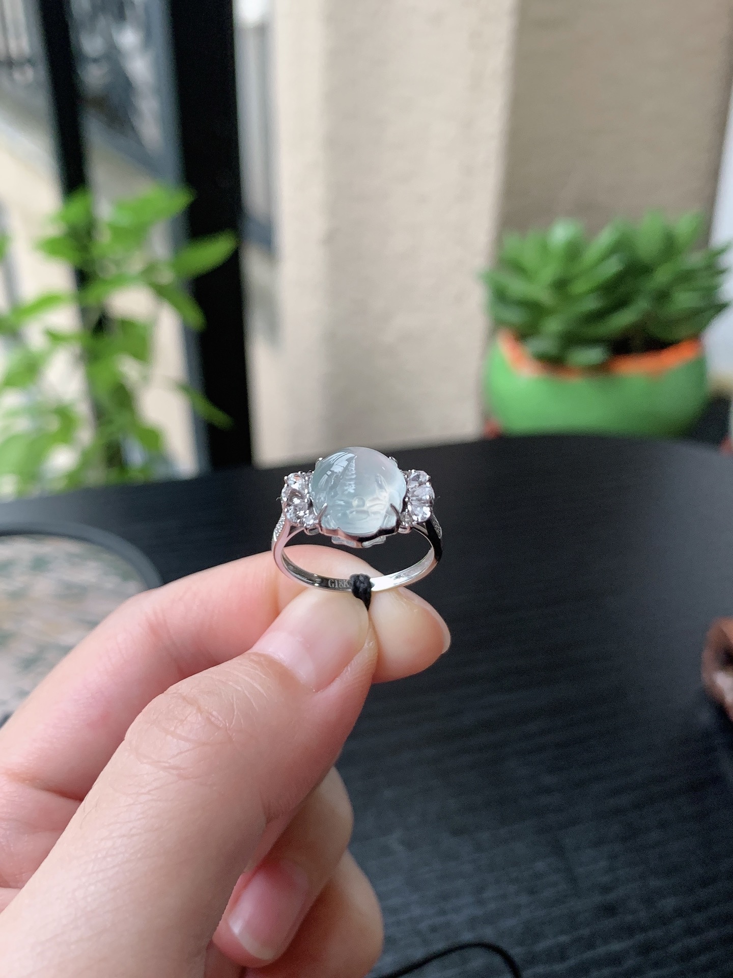 18k金镶嵌老坑冰种胶感白月光貔貅戒指 裸石尺寸:10-10-4.6mm