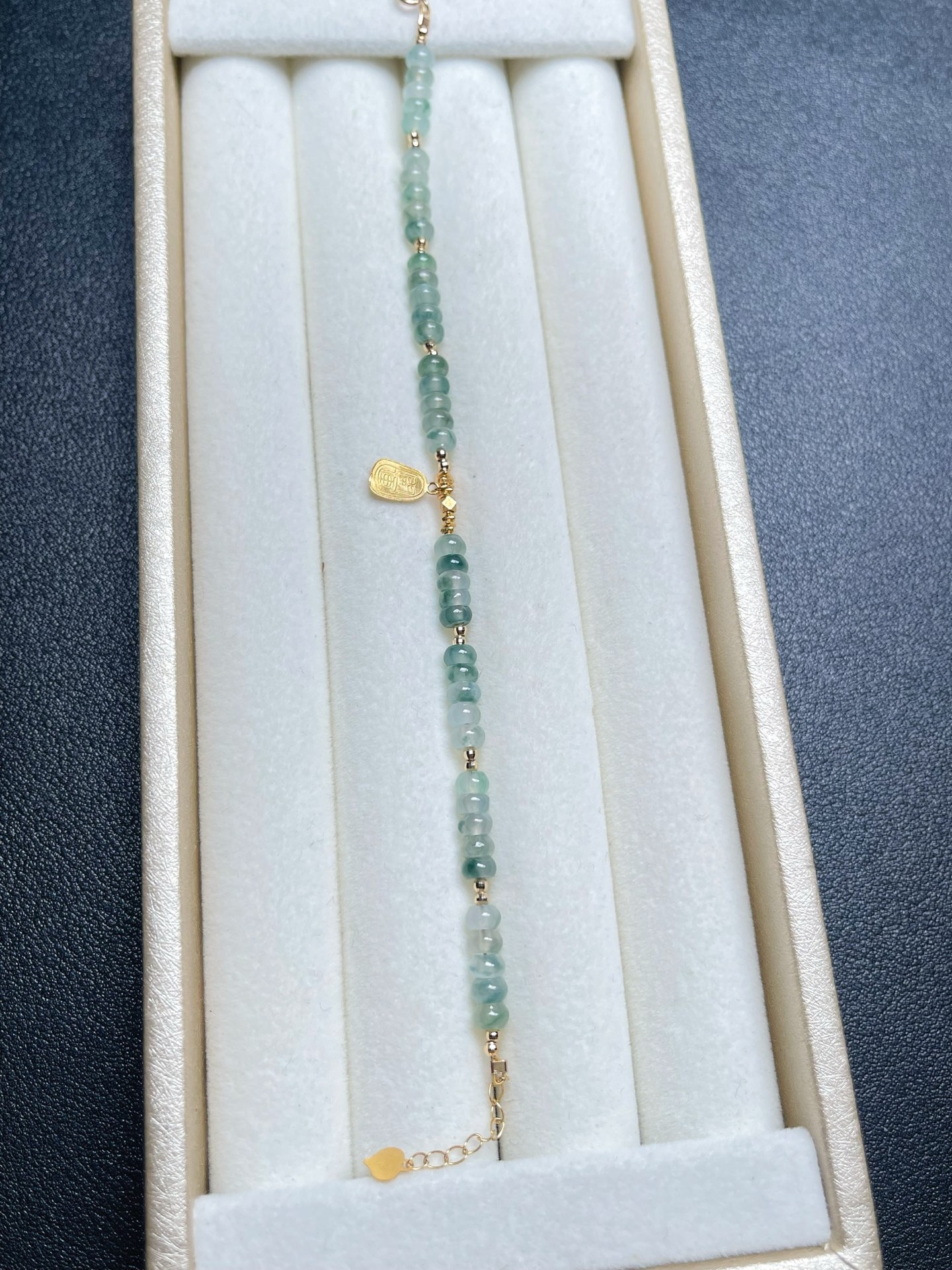 翡翠手链飘花算盘珠18K金镶手链珠4.5mm天然翡翠A货