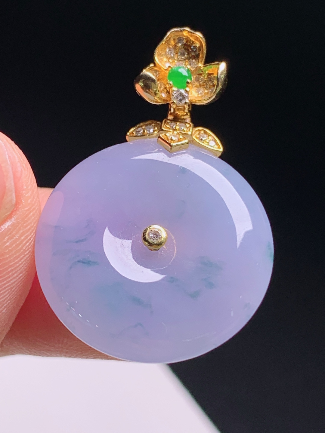 ️ 冰飘蓝花平安扣吊坠，柔紫底色飘飘逸蓝花，金镶莲花正阳绿扣头，诗意雅致圆融有福，小众耐看百搭