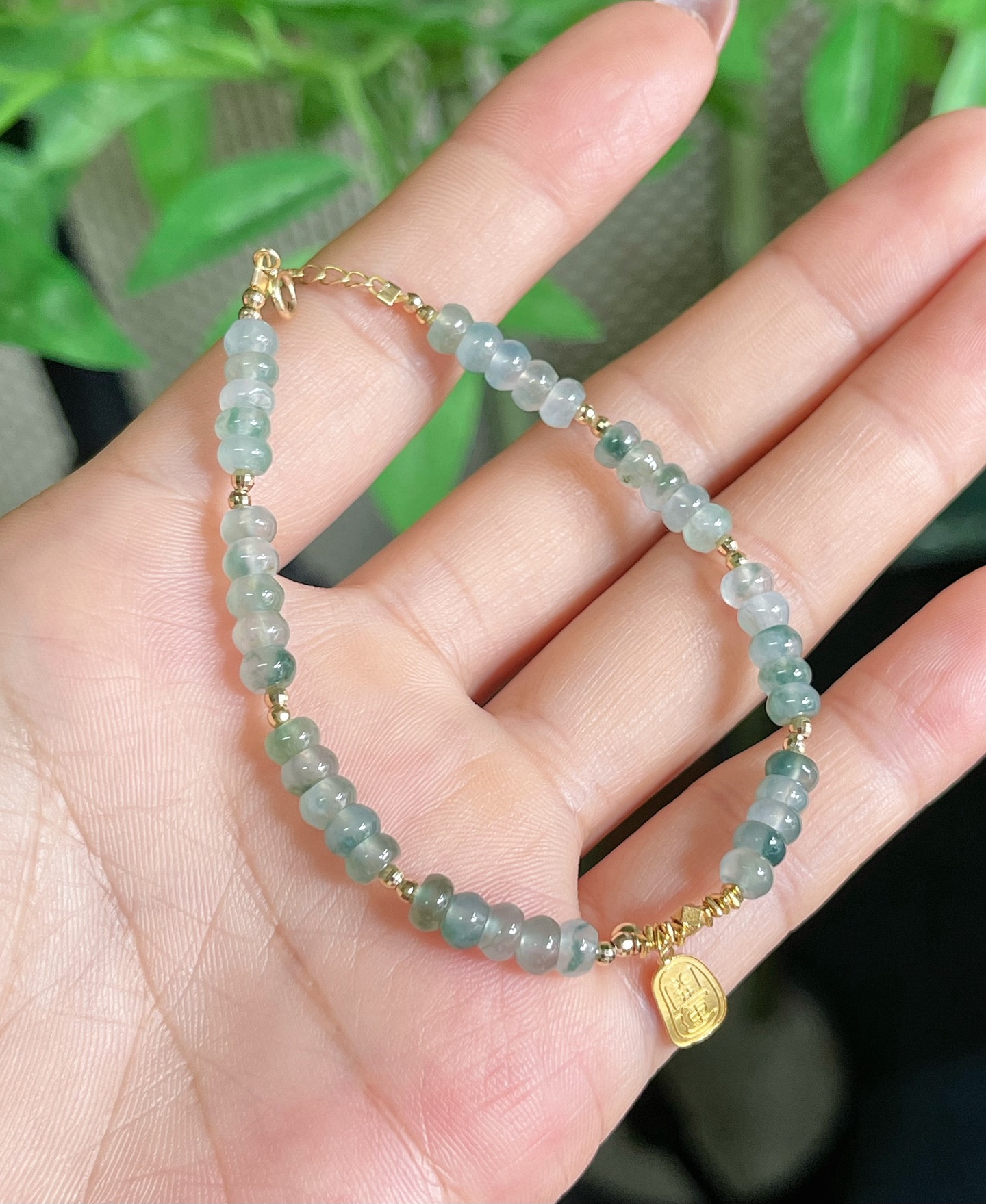 翡翠手链飘花算盘珠18K金镶手链珠4.5mm天然翡翠A货