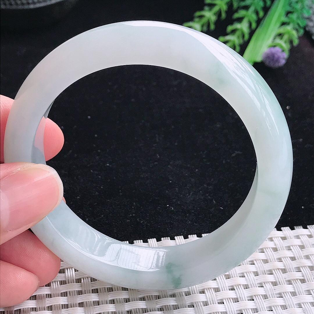 实拍A货翡翠56/13.5/9老坑冰润起胶飘花手镯平安镯翡翠玉镯美人镯